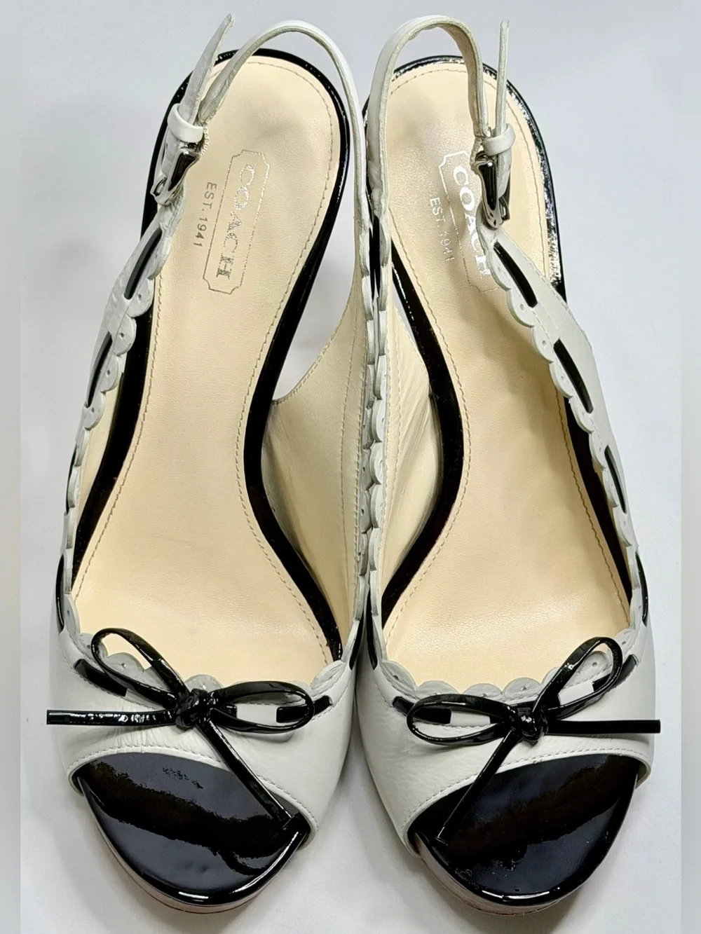 Coach Vintage Antonia Leather Bow Platform Slingback Stiletto Heels Off White 8M